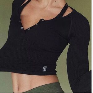 FP Movement Bail Out Long Sleeve Henley Layer Top Cutout Back NWT Black Size M/L